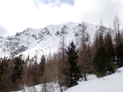 Ein erster Blick auf die Nordflanke des Lärchkogel. Unser Ziel, die zweite Rinne von rechts